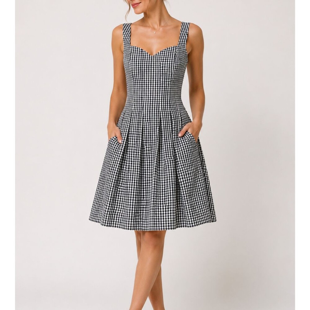 White House Black Market Gingham Dress Black White Size 10 Fit Flare Cottagecore